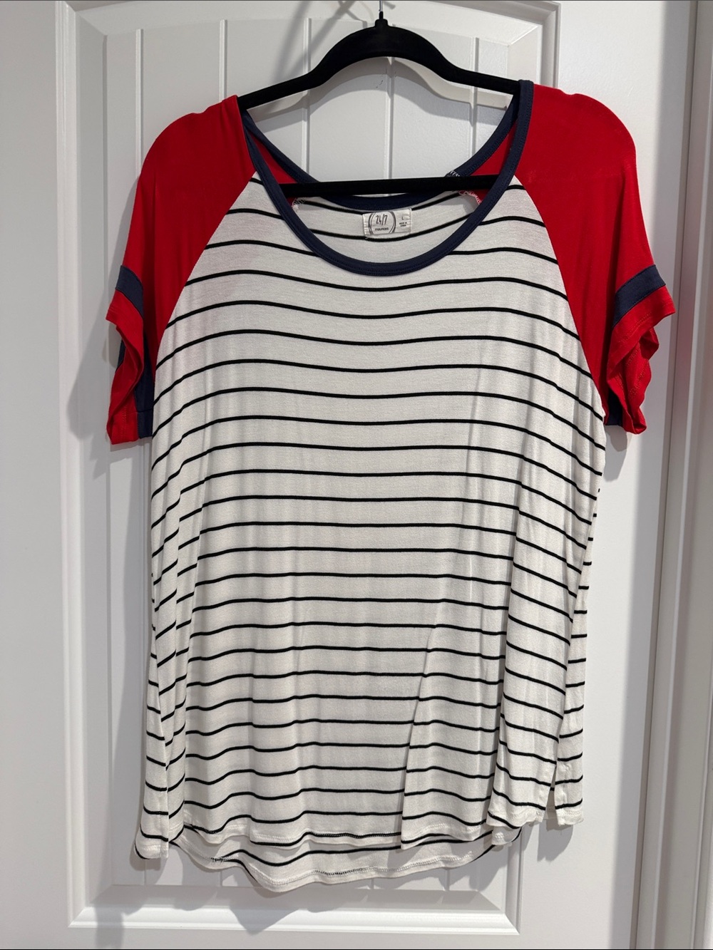 Casual Striped Raglan Tee with Red Sleeves
